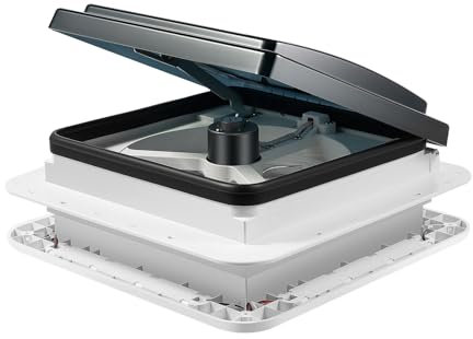 280X280mm Caravan Roof Vent Fan 5W Silent Motorhome Vent 20-65dB with 4 LEDs Light 10 Blades, RV Roof Vent Fan 5-35m³/min Air Flow Insect-proof Screen IP68 Waterproof Level