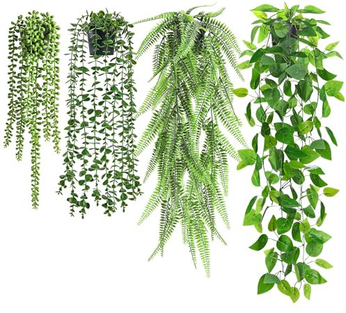 BTSD-home Artificial Hanging Plant 4 Pack Fake Plants for Wall Shelf Home Indoor Outdoor Decor With Ivy Vine Faux Eucalyptus, Boston Fern, String of Pearls (Black Pots)