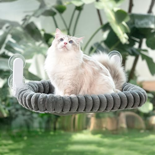 GUUSII HOME Katzen Fensterliege Faltbar Katzenbett Fenster Fensterbank Katze Hängematte mit Wendebezug & Saugnäpfen Fensterbrettauflage Fensterliegeplatz Bis zu 18kg Fensterscheibe (Grau, M)