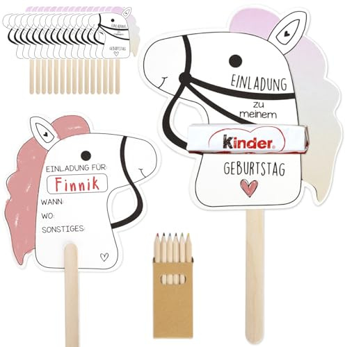 KKSJK Einladungskarten Kindergeburtstag, 15pcs Einladung Geburtstag Kraftpapier mit Buntstifte, Geburtstagseinladungen Kinder Bastelset, Partyeinladungen für Jungen Mädchen (Pferde)