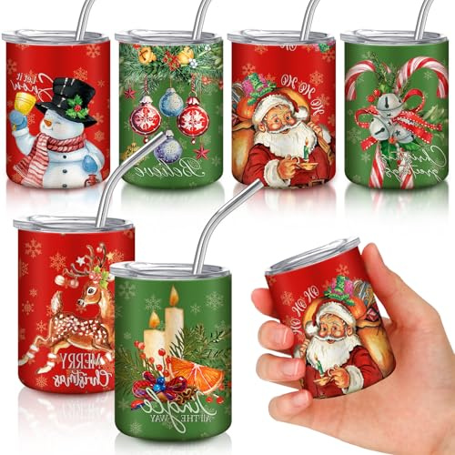 Roshtia 6 Pcs 3 oz Christmas Mini Tumblers Shot Glass with Straw and Lid Santa Claus Snowman Reindeer Stainless Steel Tumblers Double Wall Vacuum Insulated Cups for Drink Coffee Hot Cocoa Party Gift