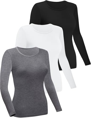 FEQO Lot de 3 Chemises à Manches Longues pour Femme T-Shirt à Manches Longues Col Rond Basique Slim Fit Tops(Noir, Blanc, Gris Foncé) L