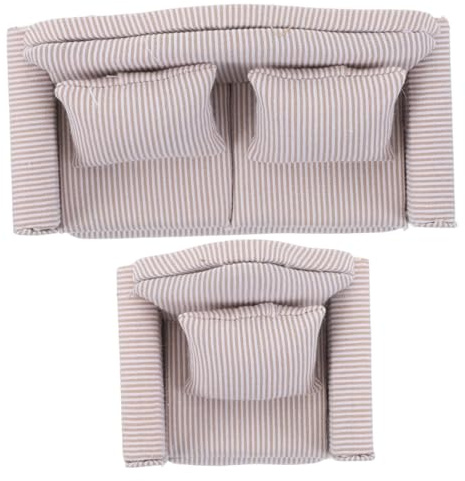 TOYANDONA 2 Stück Miniatur Puppenhaus Sofa Teilig aus Holz mit Kissen Miniatur Wohnzimmermöbel für Puppenstube Handgefertigtes Stoffsofa und Sessel Realistische Puppenmöbel Zubehör