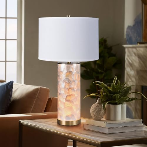 27 Coastal Seashell Column Table Lamp With Night Light, Mother Of Pearl Table Lamp With Antique Bronze Base And Beige Linen Shade, E26 Socket, 4-Way Rotary Switch,Alabaster Desk Lamp(Bulb Not Includ)