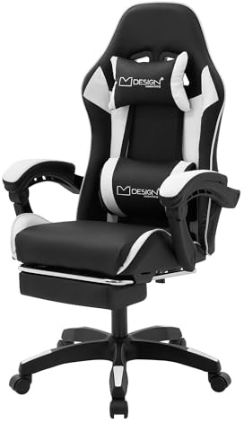 ML-Design Gaming Stuhl mit Fußstütze, Weiß, aus Kunstleder, Ergonomischer Bürostuhl mit Armlehne, Kopfstütze, Lendenkissen, Drehstuhl verstellbar, Racing Gamer Stuhl Schreibtischstuhl Drehsessel