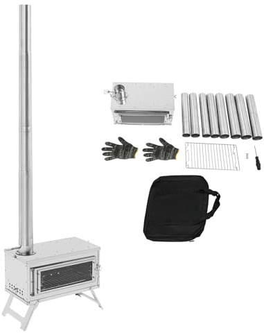 ROGONPDK Hornillo de tienda de campaña, horno portátil, camping de acero inoxidable con 8 tubos de chimenea, estufa de tienda de campaña para exteriores, accesorios para camping, picnics y eventos al