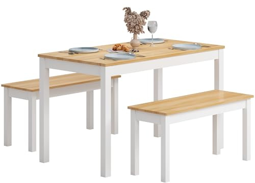 SogesPower Massivholz Esstisch mit 2 Bänken aus Kiefer | Modernes Esszimmer-Set für 4 Personen | Vielseitig als Esstisch, Arbeitstisch oder Schreibtisch | 108x65x73 cm, Teak/Weiß
