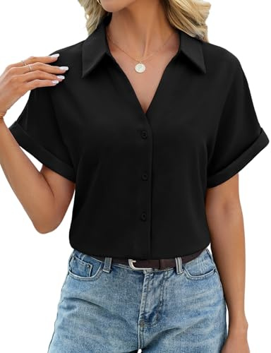 HEEKPEK Camicia Donna Estiva Camicetta Manica Corta Elegante Blusa Scollo a V Top Maniche a Pipistrello con Bottoni Maglietta Classico Tinta Unita Moda Casual Lavoro Shirt (Nero, L)