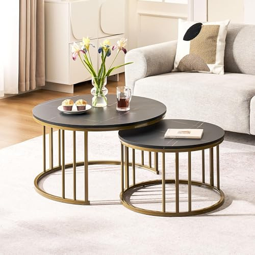 CLIPOP 2er Set Couchtisch rund, Marmoreffekt, Metallrahmen, Schwarz