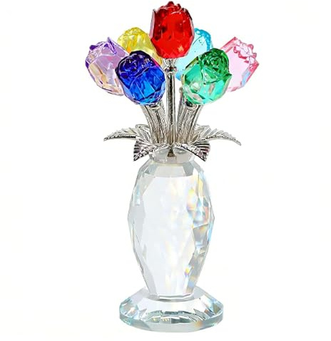 Colorful Crystal Rose Figurine, Handmade Glass Flower Collectible Ornament, Crystal Ornaments for Home Office Tabletop Collectible Gifts for Valentine's Day Wedding Anniversary Mother's Birthday