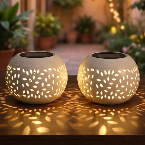 Solar Table Lamp Outdoor Garden - 2 Pack White Metal Hollow Out Solar Lanterns with Decorative Moroccan Projection - Waterproof Outside Tabletop Lighting for Patio Balcony Yard Decor