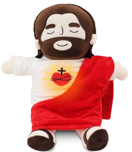 Gobesty Peluche Jesús que respira, 40 cm con respiración, música y luces, Jesús para aliviar la ansiedad, figura de Cristo Jesús para niños y adultos