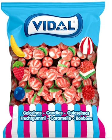 Vidal Golosinas. Besos Twist Sandía Pica. Caramelo de Goma con Cobertura Ácida y Sabor Sandía. Textura Suave y Masticable. Sin Gluten. Bolsa 250 u
