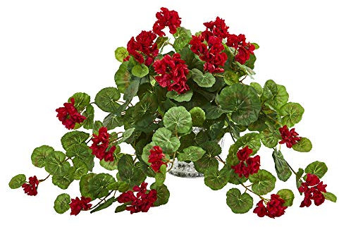Nearly Natural Maceta colgante de geranio artificial vintage, plantas de seda, color rojo
