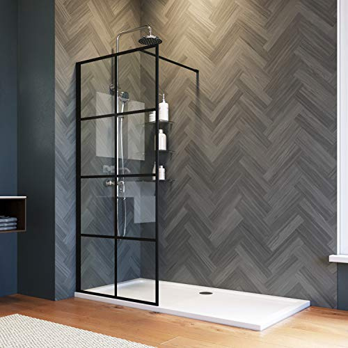 ELEGANT 800mm Black Walkin Shower Screen Shower Glass Panel | 8mm Safety Shower Glass Door for Bath WetRoom, Matte Black Grid Walkin Shower Enclosure Cubicle