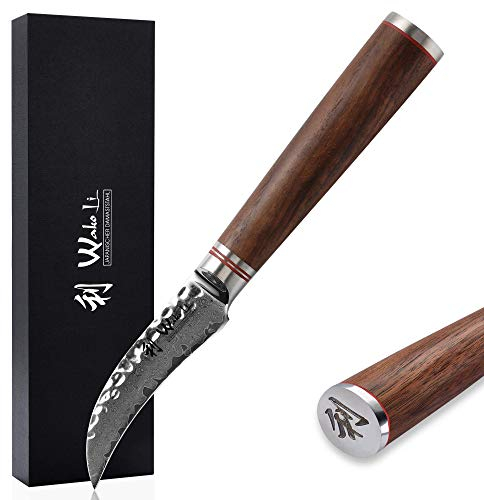 Wakoli Nussbaum Premium Schälmesser 8 cm Klinge gefertigt aus 67 Lagen echtem Damaststahl mit Nussbaumholzgriff I Damastmesser Küchenmesser und Profi Kochmesser