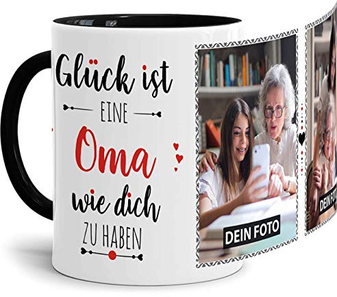 Tassendruck Fototasse mit Spruch für Oma - Glück ist, jemanden wie Dich zu haben - zum Selbst gestalten mit 2 Fotos, Innen & Henkel Schwarz, 300 ml