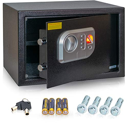 Anadol Tresor Deluxe, Elektronischer Safe mit Zahlenschloss, Fingerabdruck Sensor, Doppelbolzen Verriegelung, Einbau Tresor, Wandtresor, Stahl Safe, 25×35×25 cm, Gewicht 8,2kg – 16 Liter Volumen