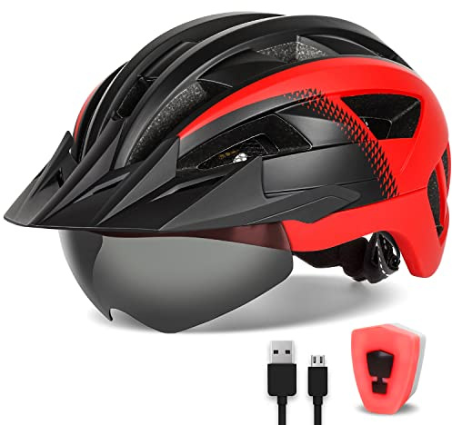 FUNWICT Fahrradhelm mit Visier für Herren Damen, Leichte Fahrradhelm mit Magnetischem Brille und USB-Aufladung LED Licht, Stylisch Mountainbike Helm (L: 57-61 cm, Schwarz Rot)