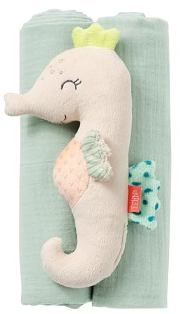 Fehn 054316 Seepferd und Musselintücher – Süßer Greifling mit Rassel und Mullwindeln aus Baumwolle – Für Babys und Kleinkinder ab 0+ Monaten – Größe: 17, 60 x 60 cm