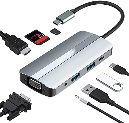 BorlterClamp Hub USB C, Adaptador USB C Multipuerto 8 en 1 con Puerto HDMI 4K y VGA, 2 Puertos USB, Puerto PD 100 W, Lector de Tarjetas SD y microSD, Audio 3,5mm para MacBook Pro, XPS y Más