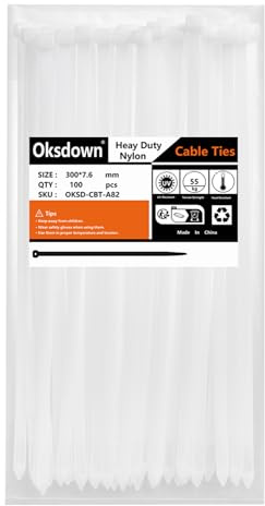 Oksdown 300mm × 7,6mm Breit 100 Stück Extra Stark Kabelbinder mit 50 kg Zugfestigkeit weiß UV-Beständig Groß Nylon Kunststoff Selbstsichernder Multifunktionaler Cable Zip Ties