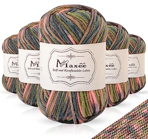 Maxee Handstrickgarn, 5x50 g Häkelgarn, Bunt Farbverlauf Acrylgarn zum Stricken, Weicher Wolle zum Häkeln, Mehrfarbiges Garn zum Stricken Häkeln und Basteln