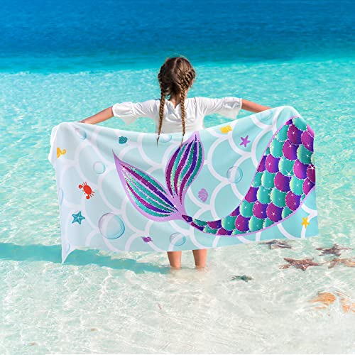 WERNNSAI Meerjungfrau Strandtuch für Kinder, 76 X 150 cm Sandfrei Handtücher Für Mädchen, Kinder Schnell Trocknend Badetuch,Ultra Saugfähig Superweich Stranddecke Pool Reisen Schwimmen Badetuch