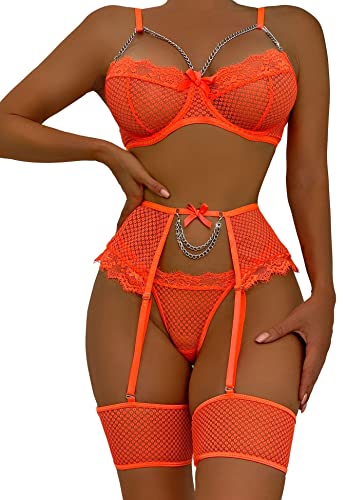 Aranmei Sexy Femme Ensemble Lingerie Jarretière avec Porte Jarretelles Dentelle Soutien-Gorge et Culotte Ensemble,Orange,M