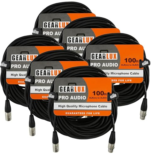 Gearlux XLR Microphone Cable, Fully Balanced, Male to Female, Black, 100 Foot - 6 Pack