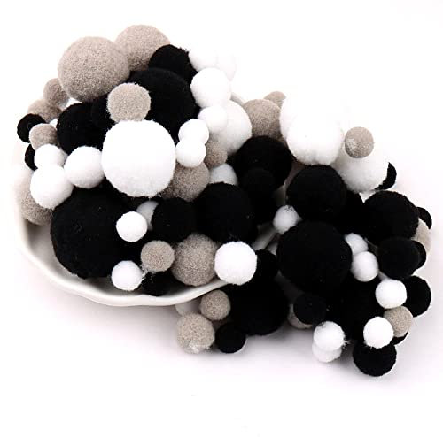 Duories 135 Bunte Pompons zum Basteln,10-30mm Mini Pompons Bälle Kleine Bommeln Kugeln,Flauschigen Bunte Pom Pom Deko Pompom Plüschbälle Bastel Zubehör für Nähen Deko DIY Handwerk,Schwarz Grau Weiß