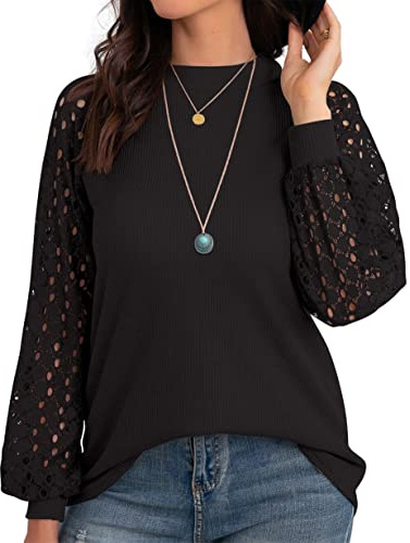 IWOLLENCE Black Long Sleeve Tops for Women UK Lace Top Going Out Tops Blouses Long Sleeve T Shirts Black L