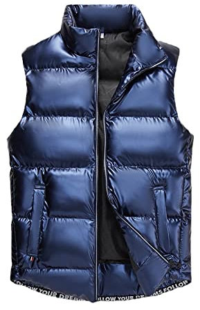 Shouqiao Glänzende Daunenweste Mit Stehkragen Für Herren Winter Outdoor Gefütterte Weste Warm Verdicken Reißverschluss Ärmellose Jacke Mit Taschen Blau 6XL