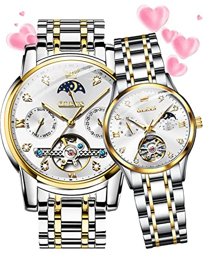 OLEVS Herren-Armbanduhr, Skelett, automatisch, luxuriös, großes Zifferblatt, mehrere Kalender, Edelstahl, wasserdicht, leuchtende Armbanduhr für Herren