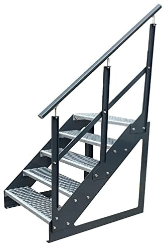 Caillebotis acier Escalier à limon 5 Marches Autoportant Entièrement galvanisé et Anthracite Côtés revêtus de poudre avec garde-corps à droite - Dimensions (L x l x H) 101cm x 60cm x 95cm