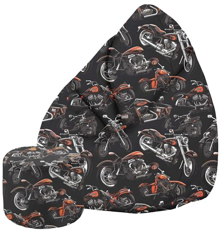 DreamRoots Poltrona Sacco Moderno - Pouf da Esterno Impermeabile 80x80x120 cm - Include Poggiapiedi e Fodera - Per Sedersi e Gaming - Motorcycle