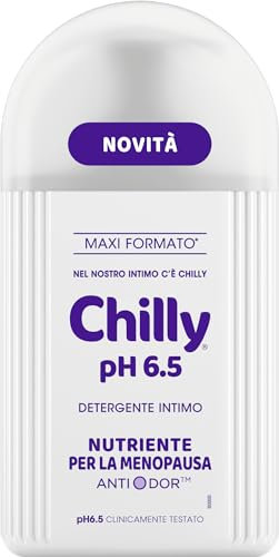 Chilly, Detergente Intimo pH 6.5, Nutriente per la menopausa, con Complesso Anti-Odor Igiene Intima, Con acido ialuronico dalle proprietà idratanti, pH 6.5, Clinicamente Testato - 300ml