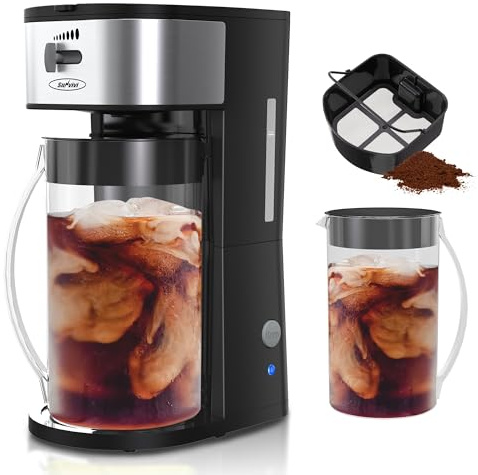 SUNVIVI Iced Tea Maker with 2.5-Quart Pitcher, Iced Coffee Brewing Maker for Ground Coffee, Tea Bags, Loose Leaf Tea, 7 Cups Coffee Machine for Home, Strength Control for Flavor, Black