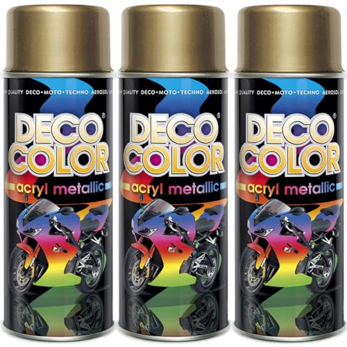 DECO COLOR 3er Sparpack Lackspray 400ml - Sprühlack mit Effekt für z.B. KFZ, Fahrrad (3 Dosen Lackspray Gold mit Metallic-Effekt)