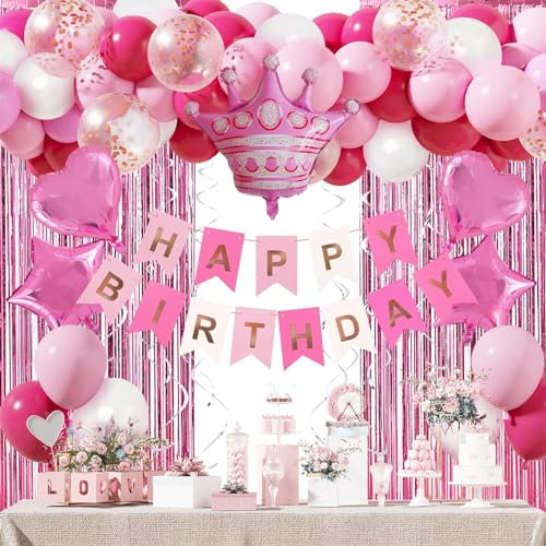 Rosa Geburtstagsdekorationen für Mädchen und Frauen - Hot Pink und Weiß Prinzessin Party Ballons, Happy Banner, Fransenvorhang, Herz Stern Folienballon