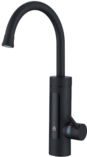 HOMELODY Grifo de cocina con calentador de agua 230V, grifo eléctrico de cocina, negro, grifo de cocina con calentador de agua, para camping, grifo de cocina de acero inoxidable giratorio 360°