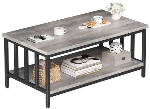 Homeiju Coffee Table for Living Room with Slatted Sides Frame, Modern Farmhouse Living Room Table with 2-Tier Storage Shelf for Home Office, Apartment, Grey Wash, 39 inch