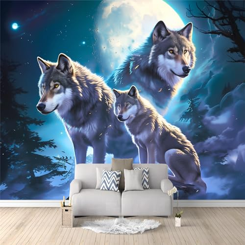 Art Photo Wallpaper Moon Forest Animal Wolf Non-Woven Living Room Bedroom Wall Decoration - Photo Mural- Gaming Room TV Background Wall Decor 150 x 105 cm