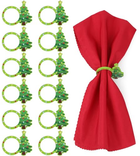 MWOOT 12 Piezas Servilleteros de Navidad, Diseño de Árbol de Navidad Servilletero Madera, Anillos Servilletas para Navidad Acción de Gracias Fiesta Cena Banquete Accesorios de Decoracion Mesa
