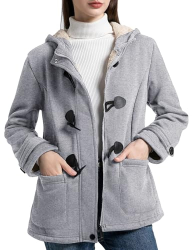 Flygo Sherpa Lined Winter Jackets for Women Fleece Hoodie Jacket Warm Fall Winter Toggle Duffle Coats(Grey-XL)