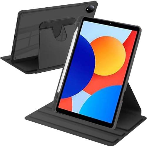 A-BEAUTY Funda Giratoria para Xiaomi Redmi Pad SE 8.7 Pulgadas 2024 Negro | con Portalápiz, Soporte Giratorio de 360° Cubierta Trasera Transparente, Auto-Sueño/Estela