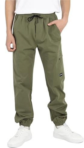 YOUNGSOUL Pantaloni cargo da ragazzo in cotone per bambini, pantaloni cargo jogging, pantaloni per il tempo libero, con elastico, verde militare, 164/170 cm