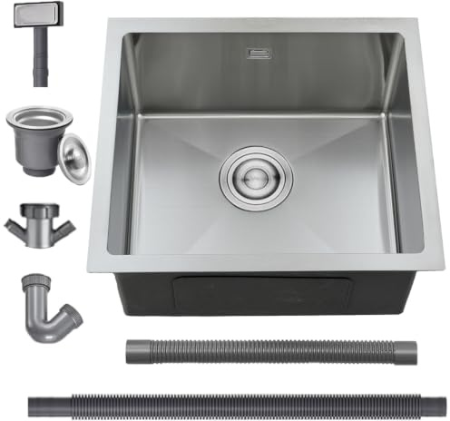 BoomHoze Fregadero Cocina 50 x 45 cm, Fregadero Acero Inoxidable，Cepillado | Fregadero Compatible Instalación sobre, bajo y a fleur de Encimera, Incluye Rebosadero y Cesta Filtro