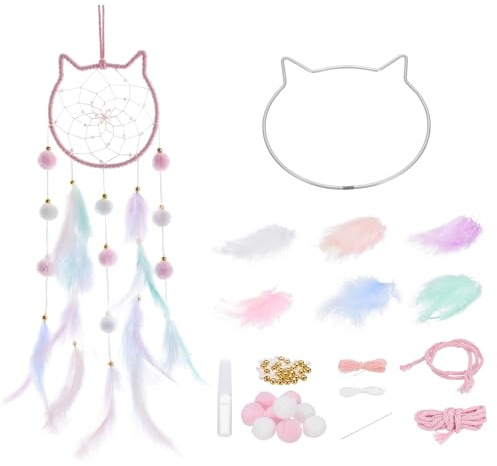 PATIKIL DIY drömfångare, katttillverkning drömfångare tillbehör handgjorda drömfångare kit fjädrar pompong pärlor för vägg hängande prydnad dekor hantverk, rosa