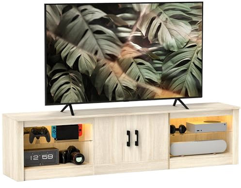 HOMCOM Mueble de TV Moderno Mueble de TV para Salón con Luces LED RGB Puertas con Cierre Lento y Estantes de Vidrio Abiertos Mueble para Televisión de 75 Pulgadas 180x35x45 cm Roble
